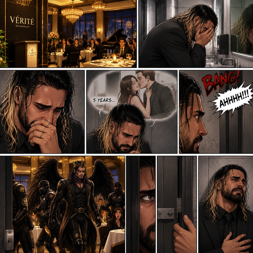 There’s a fancy restaurant,Someone was crying in the men’s bathroom,That someone…was Seth Rollins. He just found out his girlfriend of 5 years cheated on him with a guy from her work. He’s lost in thought about what to do,He was snapped out of his thoughts…when….he heard a loud bang followed by screams of terror outside the bathroom. “What’s was that?” Seth asked himself. He cracked the door open a bit to see what’s going on,There’s men dressed in some sort of black royal guard uniforms With dark angel wings bursting into the restaurant…wait…Dark angel wings?! A man in a black royal outfit with a crown on his head and dark angel wings (Jeff Hardy) was leading them,he looks like he’s…looking for someone. Seth quietly closed the bathroom door and locked it