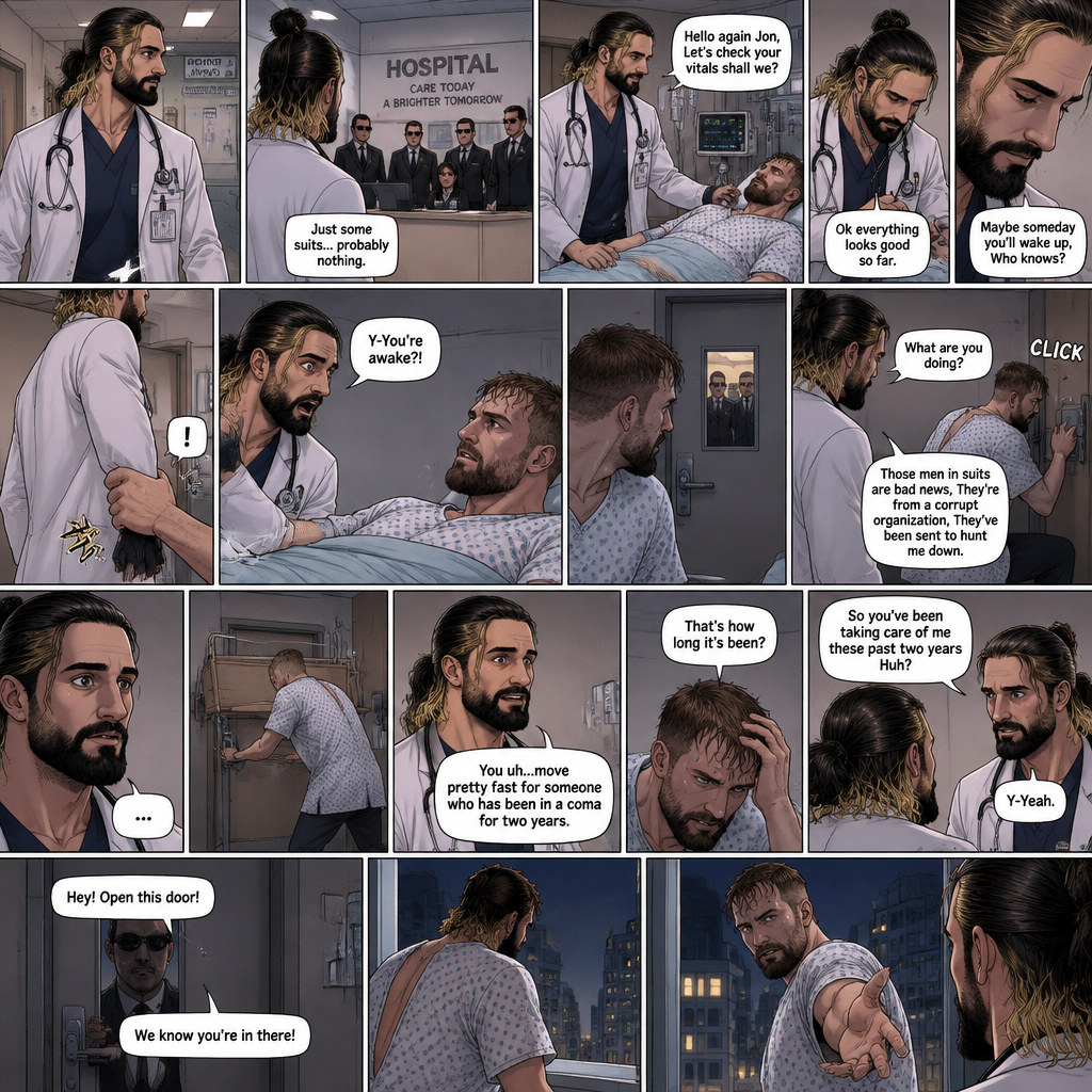 Seth Rollins is a Doctor. He had been looking after a patient (Jon Moxley) who had been in a coma for two years. One day he was walking to Jon’s room,Then he saw men in suits at the front desk. He thought nothing of it and kept walking. He entered Jon’s room. “Hello again Jon,Let’s check your vitals shall we?” Said Seth. He checks Jon’s vitals. “Ok everything Looks good so far” said Seth. He looked at Jon’s face. “Maybe someday you’ll wake up,Who knows?” Said Seth. He got up to leave the room….But a hand grabbed a hold of his wrist. Seth gasped. It was Jon,He’s wide awake and Looking at Seth. “Y-You’re awake” Said Seth. Then Jon carefully got up,Looked out the door and noticed the men in suits. His eyes widened and he shut the door and locked it. “What are you doing?” Seth asked. Jon spoke for the first time since the coma “Those men in suits are bad news,They’re from a corrupt organization,They’ve been sent to hunt me down”. Seth Fell silent,Processing what Jon just said. Jon moved quickly to barricade the door. “You uh…move pretty fast for someone who has been in a coma for two years” said Seth. Jon fell silent while processing that information. “That’s how long it’s been?” Jon asked. Seth nodded slowly. Jon walked slowly toward Seth. “So you’ve been taking care of me these past two years Huh?” Said Jon. Seth got nervous. “Y-Yeah” Seth said Nervously. Then one of the men in suits tried to open the locked and Barricaded door. Jon quickly ran to the window and opened it. He looked at Seth,Then he held out his hand