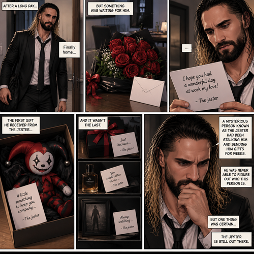 Seth Rollins came home after a long day,He discovered a bouquet of roses on his table. He reads the card,it says “I hope you had a wonderful day at work my love!-The jester”. This wasn’t the first time he received a gift like this. A mysterious person known as the Jester had been stalking him and sending him gifts for weeks. He was never able to figure who this person is. The first gift he received from the jester was a jester doll