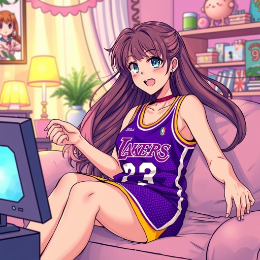 Sailor moon wearing purple lakers jersey with mesh dots on it was Watcing tv