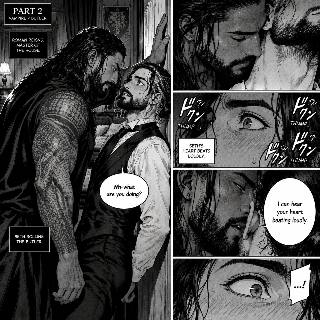 Part 2 of the Vampire x Butler story. Seth Rollins (The butler) was backed against the wall By Roman Reigns (The master of the house) in Roman’s bedroom. “Wh-what are you doing?” Seth asked nervously.Roman leaned forward to Seth’s neck.Seth’s heart beats loudly. Roman heard it,He whispered in Seth’s ear “I can hear your heart beating loudly”