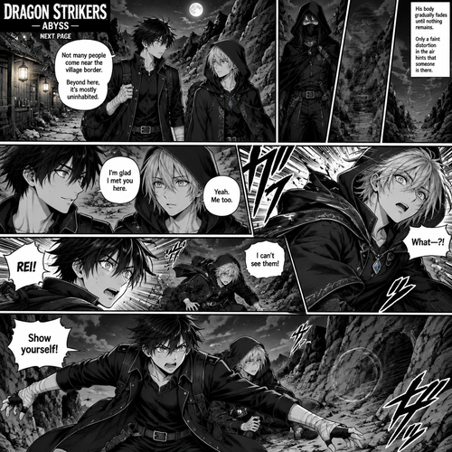 DRAGON STRIKERS — ABYSS — NEXT PAGE

Scene: Sora Amamiya and Rei Mikazuki walk together near the outer border of the Abyss village, where the wooden houses and lanterns gradually disappear into a deserted, rocky path. There are no villagers nearby. The assassin, who has been following them, activates an invisibility ability and prepares a surprise attack against Rei.

Sora Amamiya: Age 17, height 178 cm, slim athletic build. Messy layered jet-black hair with sharp irregular spikes and uneven bangs, sharp light-grey eyes with dark pupils, youthful defined face. He wears a fitted black high-collar jacket with silver buttons, a dark shirt, black trousers, a black belt with a rectangular silver buckle, and black lace-up combat boots. White bandages wrap both wrists and partially cover both hands. He carries a dark travel bag. No scars or markings.

Rei Mikazuki: Soft, layered silver hair, cool blue-grey eyes, calm and mysterious expression. He wears a black hooded cloak with subtle blue accents over dark layered clothing, black trousers, black boots, and a blue crystal pendant on a silver chain.

The assassin: Tall and lean, long straight charcoal-black hair, narrow crimson eyes, black mask covering the lower half of the face, fitted black combat outfit, black gloves, dark trousers, black boots, long black hooded cloak, and a dark-metal sword at the waist. The assassin can become completely invisible.

Panel 1: Sora and Rei walk beyond the final houses of the village. The warm lantern light fades behind them, replaced by cold moonlight, jagged rocks, and an empty path. Rei explains that few people come near the village border.

Panel 2: Behind them, the assassin stands silently between two dark rock formations. The assassin’s body gradually becomes transparent until nothing remains visible. Only a faint distortion in the air hints that someone is there.

Panel 3: Sora and Rei continue walking, unaware. Sora turns toward Rei and says, “I’m glad I met you here.” Rei looks surprised for a moment before replying, “Yeah. Me too.”

Panel 4: Without warning, an invisible attacker strikes from behind Rei. Show a sudden burst of motion and Rei’s shocked expression as he is knocked off balance. Use sharp action lines and dramatic panel angles. Do not show graphic injuries.

Panel 5: Sora spins around, his eyes widening as Rei stumbles away from the unseen attacker. Sora immediately moves toward his friend, trying to understand where the attack came from.

Final panel: Sora stands protectively between Rei and the empty darkness, scanning the rocky surroundings. Rei struggles to regain his footing behind him. A faint distortion in the air appears just beside Sora, hinting that the invisible assassin is preparing another attack.

Dialogue:

* Sora: “REI!”
* Rei: “What—?! I can’t see them!”
* Sora: “Show yourself!”

Style: High-quality black-and-white manga, cinematic action panels, strong contrast between the distant village lights and the dark border, dynamic movement, suspenseful atmosphere, expressive faces.

Important continuity rules: Keep Sora, Rei, and the assassin’s established designs consistent. The assassin uses invisibility to surprise Rei. No villagers are present. Do not reveal the assassin’s identity or introduce new lore. No graphic injuries. End with Sora facing an enemy he cannot see.