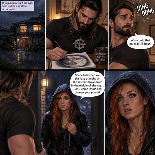 It was a rainy night outside,Seth Rollins was alone in his house,He drawing a picture of the moon on his notebook.Then the doorbell rang. “Who could that be in THIS hour?” Seth  asked himself. He got up and opened the door,A young Irish woman (Becky Lynch) was standing outside on his porch soaking wet from the rain wearing a hood. “Sorry to bother you this late at night sir,But my car broke down in the middle of the night,Can I come inside and borrow your phone?” Asked the woman