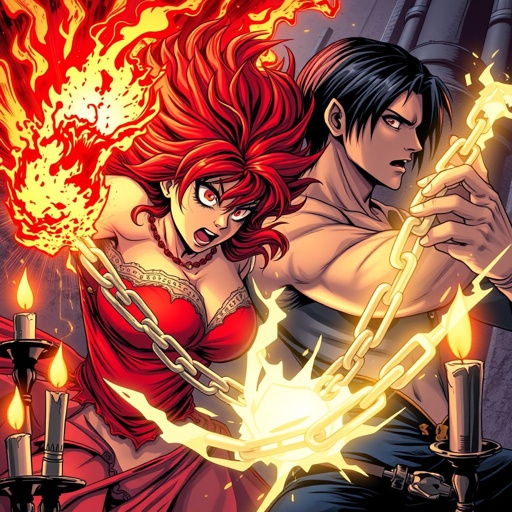 20 year old red haired maya screaming at 19 year old dark haired David with some enchanted chains that dampens his powers surrounded by candles 