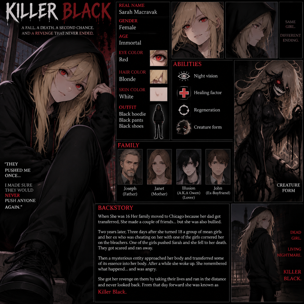 Creepypasta oc info card Killer Black
Real name:Sarah Macravak
Gender:Female
Age:Immortal
Eye Color:Red
Hair Color:Blonde
Skin color:White
Outfit:Black hoodie,Black pants,Black shoes
Family: Joseph (Father), Janet (Mother) Illusion (A.K.A Owen) (Lover) John (Ex-Boyfriend)
Abilities:Night vision,Healing factor,Regeneration,Creature form
Backstory:When She was 16 Her family moved to Chicago because her dad got transferred,She made a couple of friends…but she was also bullied. Two years later,Three days after she turned 18 a group of mean girls and her ex who was cheating on her with one of the girls cornered her on the bleachers. One of the girls pushed Sarah and she fell to her death. They got scared and ran away. Then a mysterious entity approached her body and transferred some of its essence into her body. After a while she woke up. She remembered what happend…and was angry. She got her revenge on them by taking their lives and ran in the distance and never looked back. From that day forward she was known as Killer Black