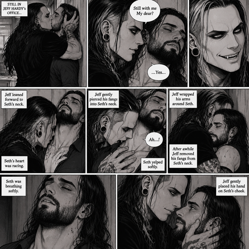 (Part 4 of the Vampire x human story). Still in Jeff Hardy’s office. Jeff was still Kissing Seth Rollins against the wall. After about a minute,Jeff pulled away. Jeff whispered in Seth’s ear “Still with me My dear?” Jeff asked softly. “…Yes…” Seth said softly. Jeff grinned. He leaned forward to Seth’s neck. Seth’s heart was racing. Jeff placed his hand on Seth’s chest to feel his heartbeat again. Seth gasped softly. Jeff gently pierced his fangs into Seth’s neck. Seth yelped softly. Jeff wrapped his arms around Seth. After awhile Jeff removed his fangs from Seth’s neck. Seth was breathing softly. Jeff gently placed his hand on Seth’s cheek