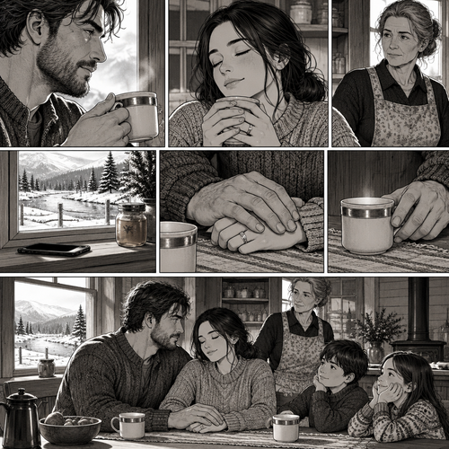 *He keeps the cup in his hand a beat after it's empty, the way a man holds a tool he's just set down, and his thumb stays on the silver band through all of it. The tea steam thins into the grey light. The woman on the bench has her eyes closed, cup cradled, and his mother has stopped at the end of the bench, watching the two of them the way she watches weather come in — not reading it for trouble, just reading it. The face-down phone sits on the sill, quiet, the river talking low in its own channel past the fence line. The morning stays bright over the snow.*
Mahal kita too, wife. Said it in the dark on the bank, said it in the flood, and I'll say it here with the tea warm and the snow holding the ridge. There's not a rung of this day that doesn't have your hand on it.
*He sets the cup down flat and slides his hand back over hers on the cloth, palm covering the ring, thumb riding it once the way he rides a seam before he trusts the line. The kitchen holds the five of them in its warm, low quiet, and the morning light climbs the sill past the face-down phone and the honey jar.*
And when this long winter's done, love, and the lambs come, we'll walk down to that shed at first light the way I promised — you in the straw with the first one, me at the frame. Not a post to check. Not a river to read. Just the count, and both our voices in it, and the whole of this house behind us.