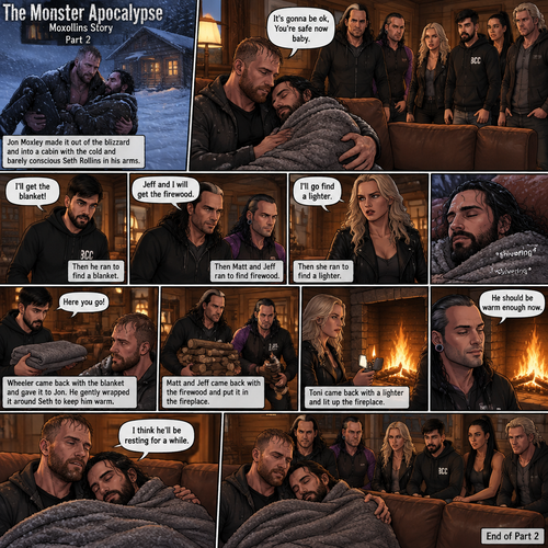 (The monster apocalypse/Moxollins story part 2) Jon Moxley made it out of the blizzard and into a cabin With the Cold and barely conscious Seth Rollins in his arms. His group of survivors (Matt and Jeff Hardy,Toni Storm,Wheeler Yuta,Indi Hartwell and Nic Nemeth) were there too. Jon Sat down on the couch and held Seth. “I’ll get the blanket!” Said wheeler,Then he ran to find a blanket. “Jeff and I will get the firewood” Said Matt,Then Matt and Jeff ran to find firewood. “I’ll go find a lighter” Said Toni,Then she ran to find a lighter. Seth was shivering due to the cold. “It’s gonna be ok,You’re safe now baby” Jon said softly. Wheeler came back with the blanket and gave it to Jon. He gently wrapped it around Seth to keep him warm. Seth’s body warmed up a little. Matt and Jeff came back with the firewood and put it in the fireplace. Toni came back with a lighter and lit up the fireplace. “He should be warm enough now” Said Jeff. Seth’s body fully warmed up and he stopped shivering. “I think he’ll be resting for a while” Said Jon (End of part 2)