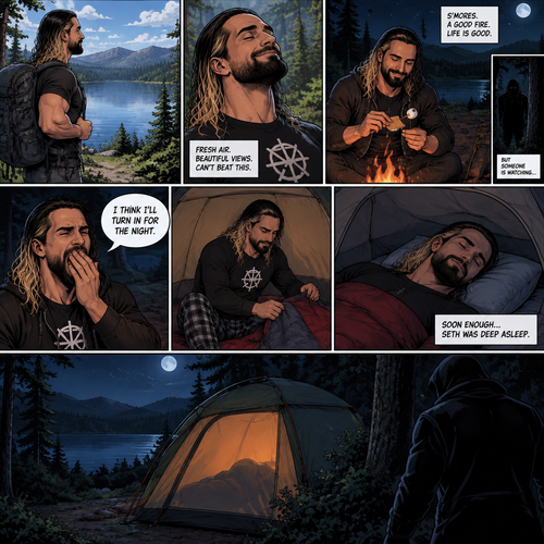 Seth Rollins was camping in the woods,he was enjoying the view of the lake and enjoying the fresh air,Hours later nighttime came,He was making s’mores at the campfire.He was enjoying himself…but…little did he know…that something…or someONE was watching him.Seth eventually got tired and yawned. “I think I’ll turn in for the night” said Seth.He went inside his tent,put pajamas on,got in his sleeping bag and went to sleep,Soon enough…Seth was deep asleep.The mysterious figure quietly walked to Seth’s tent