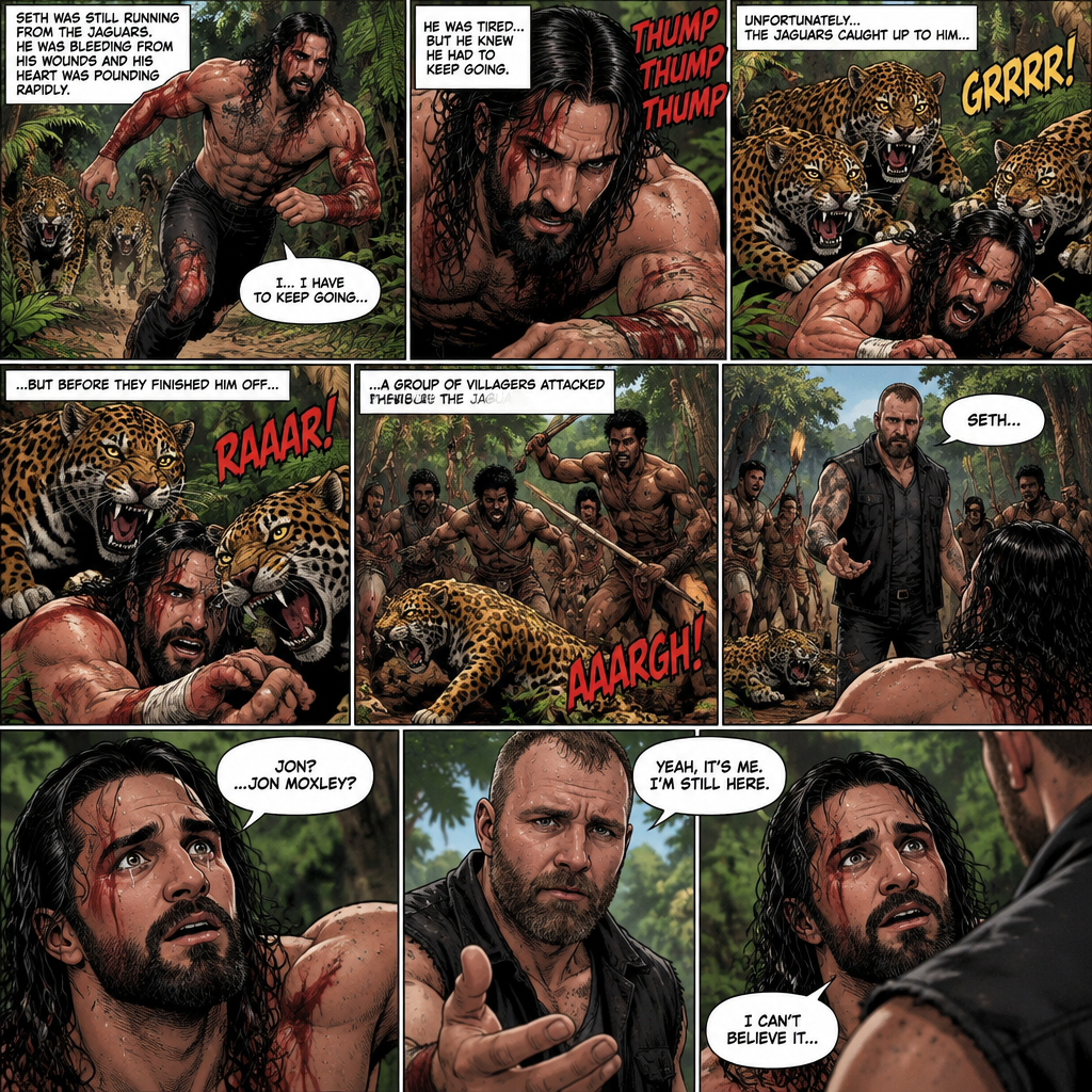 (Recap) Seth Rollins was on a cruise,then one night Thunder came,Seth got up from bed,The ship was rocking against the waves,Seth fell overboard,He swam as best he could,A wave crashed down on him,Everything went black,A few hours later,Seth woke up on shore,He was on an island,8 days have passed,He was still on the island,He walked to the jungle for more food,Then a group of jaguars attacked him,They bit him in the arm and leg,He managed to yank them off him and ran. (And now part 3). Seth was still running from the jaguars. He was bleeding from his wounds and his heart was pounding rapidly,He was tired but he knew he had to keep going. Unfortunately the jaguars caught up to him….but before they finished him off….a group of villagers attacked the Jaguars. A familiar Voice called Seth’s name. Seth looked up….He couldn’t believe it….It was Jon Moxley (He was missing for 3 months)