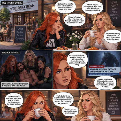 (Part 2 of the Werewolf X human story). It’s been two months since the night Becky Lynch and Her friends Charlotte Flair and Bayley saved the Man (Seth Rollins). They haven’t seen him since. Becky and charlotte were having brunch at a cafe,They were talking about the recent werewolf attacks