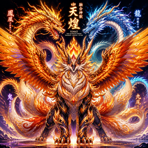 Fuse oni,loung dragon and nine tail  fox as a new creature that has all the best appearance form Phoenix, loung dragon and nine tailed. Front view 