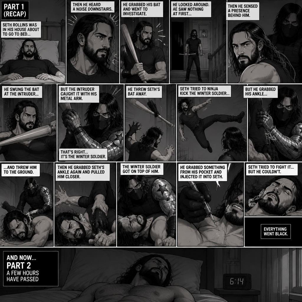 (Recap). Seth Rollins was in his house about to go to bed then he heard a noise downstairs,He grabbed his bat and went to investigate,He looked around He sees nothing at first,Then he sensed a presence behind him,He swung the bat and the intruder but the intruder caught it with his metal arm,That’s right it’s the winter soldier,He threw Seth’s bat away,Seth tried to ninja kick the winter soldier but he grabbed his ankle and threw him to the ground,Then he grabbed he grabbed Seth’s ankle again and pulled him closer,Seth struggled,The winter soldier got on top of him,Seth kept struggling,The winter soldier grabbed something from his pocket and injected it into Seth,Seth tried to fight it,but he couldn’t,Everything went black. (And now part 2). A few hours have passed