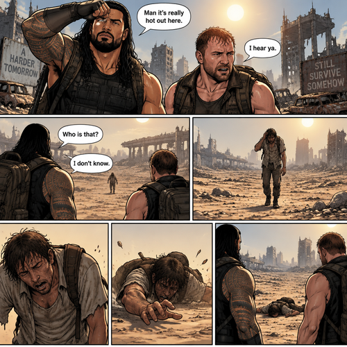 It’s a post apocalyptic world,Roman Reigns and Jon Moxley were side by side surviving the apocalypse together.They fought Bandits and raiders and scavenged for supplies.One day it was really hot outside. “Man it’s really hot out here” Said Roman. “I hear ya” Said Jon.They were about to head back to their base…then they see a person in the distance,He looked like he was overheating. “Who is that?” Asked Jon “I don’t know” said Roman.The person must’ve saw them because he began to walk towards them,but before he got closer to them he passed out due to overheating