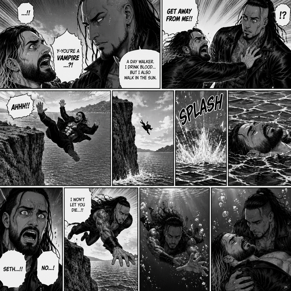 Part 6.Seth Rollins got scared after discovering that the mysterious man (WWE superstar Damien Priest) is a day walker vampire. Seth shoved the man off him…which caused Seth to Stumble and fall off the cliff backwards,Then he hit the water and lost consciousness after. The man was horrified and dived into the water to save Seth