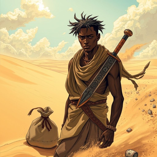 A lonely African young man with a bag of money and a sword standing in the middle with of a desert