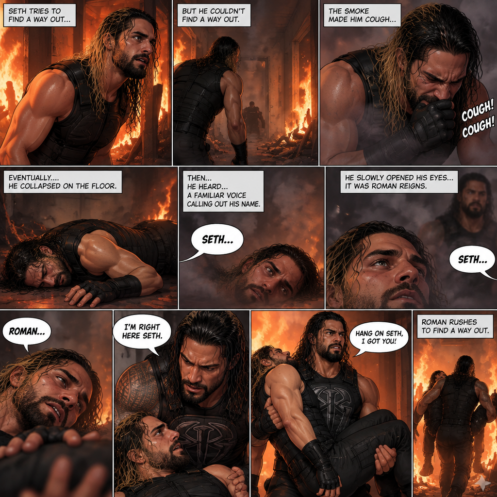Seth Rollins is in a burning building,He tries to find a way out,he couldn’t find a way out. He was coughing because of the smoke,Eventually….he collapsed on the floor. Then….He heard….a familiar voice calling out his name. He slowly opened his eyes…it was Roman Reigns. Seth weakly called out Roman’s name. Roman rushed over to Seth. “I’m right here Seth” said Roman. He lifted Seth in his arms. “Hang on Seth,I got you” Roman said to Seth. Roman rushes to find a way out