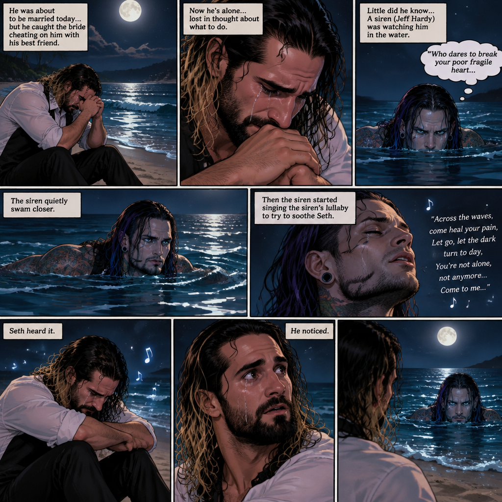 Seth Rollins was on a beach alone at night crying. He was about to be married today….but he caught the bride cheating on him with his best friend. He’s lost in thought about what to do,Little did he know…..A siren (Jeff Hardy) was watching him in the water. “Who dares to break your poor fragile heart” the siren said to himself. The siren quietly swam closer. Seth was still crying. Then the siren started singing the siren’s lullaby to try to Soothe Seth. Seth heard it,He noticed