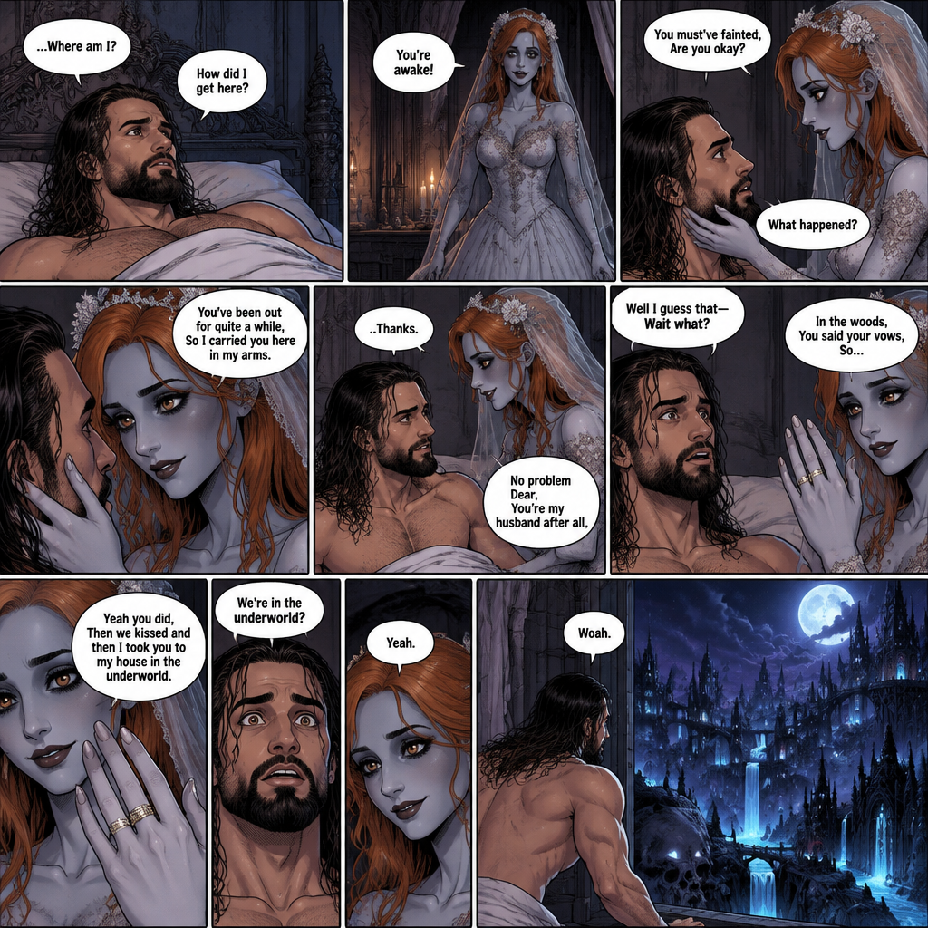 (Part 3 of the corpse bride,Seth x Becky style). Still in the strange bedroom,Seth Rollins was still confused as to how he got there after he woke up. Then the undead woman in a wedding dress (Becky Lynch) walks in. “You’re awake!” Said the undead Bride. She walked towards the bed. “You must’ve fainted,Are you okay?” The undead Bride asked. She gently placed her hand on his cheek. “What happened?” Seth asked. “You’ve been out for quite a while,So I carried you here in my arms” Said the undead bride. Seth slowly sat up. “..Thanks” Said Seth “No problem Dear,You’re my husband after all” Said the undead bride. “Well I guess that-Wait what?” Said Seth. “In the woods,You said your vows,So…” said the Undead bride. Then she showed him the wedding ring on her finger. “I did?” Asked Seth. Then he remembered he did. “I did do that” Said Seth. “Yeah you did,Then we kissed and then I took you to my house in the underworld” said the Undead bride. His eyes widened. “We’re in the underworld?” Seth asked. “Yeah” said the undead bride. He ran to the window and looked outside. “Woah” said Seth