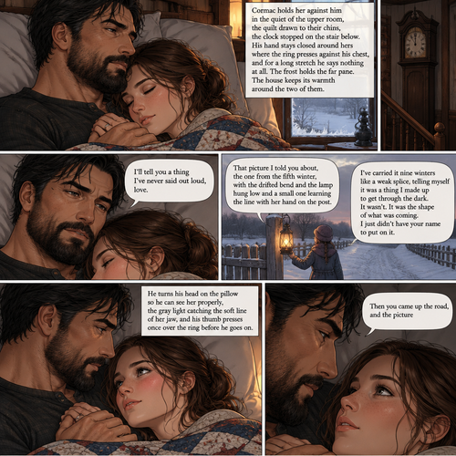 Cormac holds her against him in the quiet of the upper room, the quilt drawn to their chins, the clock stopped on the stair below. His hand stays closed around hers where the ring presses against his chest, and for a long stretch he says nothing at all. The frost holds the far pane. The house keeps its warmth around the two of them.
Then his voice comes, low and unhurried, the way it does when the fence line is as tight as it is ever going to be.
I'll tell you a thing I've never said out loud, love. That picture I told you about, the one from the fifth winter, with the drifted bend and the lamp hung low and a small one learning the line with her hand on the post.
I've carried it nine winters like a weak splice, telling myself it was a thing I made up to get through the dark. It wasn't. It was the shape of what was coming. I just didn't have your name to put on it.
He turns his head on the pillow so he can see her properly, the gray light catching the soft line of her jaw, and his thumb presses once over the ring before he goes on.
Then you came up the road, and the picture

