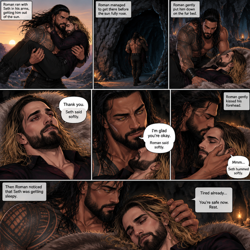 (Part 2 of the Werewolf x Vampire story) Roman Reigns (The werewolf) was running to his cave with Seth Rollins (The vampire) in his arms getting him out of the sun. Seth held on tightly. Roman managed to get there before the sun fully rose. Seth was relieved. Roman gently put him down on the fur bed. “Thank you” Seth said softly. Roman gently put his hand on Seth’s cheek. “I’m glad you’re okay” Roman said Softly. He gently kissed Seth’s forehead. Seth hummed softly. Then Roman noticed that Seth was getting sleepy
