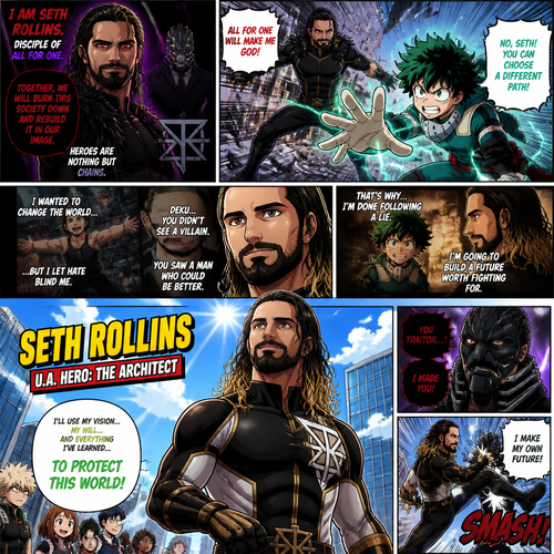 WWE superstar Seth Rollins in my hero academia as a villain but thanks to Deku he learns the error of his ways and betrays All for one and becomes a hero