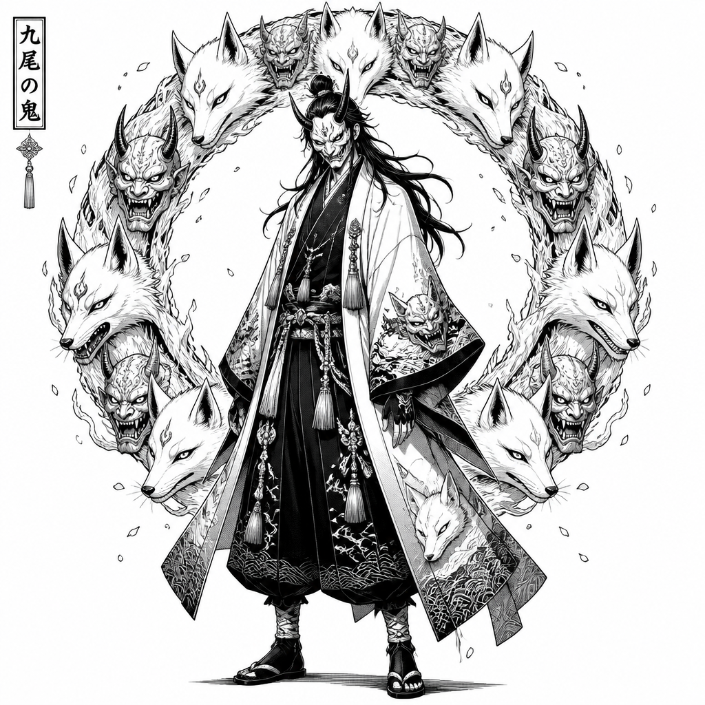 Ceremonial Oni Nine tailed fox oni circle behind him made of fox heads and oni masks. Full body medium level to trace