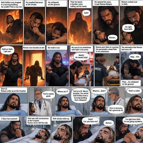 (Recap) Seth Rollins was trapped in a burning building,he couldn’t find a way out,he coughed because of the smoke,he collapsed on the ground,then he heard a familiar voice calling out his name,He opened his eyes,it was Roman Reigns,Seth weakly called out Roman’s name,Roman Rushed over to Seth,”I’m right here Seth” said Roman,he lifted Seth in his arms,”Hold on Seth,I got you” Roman said to Seth”,Roman runs towards an exit,he made it out,He runs to an ambulance with Seth in his arms,”Medic! He needs help!” Roman yelled,he puts Seth on a gurney,the paramedics wheel Seth to an ambulance,the adrenaline that Roman had wore off,”Help….him” said Roman,then….he collapsed on the ground,another team of paramedics rushed to Roman. (And now part 2). Roman woke up at the hospital. A doctor walked in. “You’re awake,good” said the doctor. “Where am I?” Roman asked. “You’re in st. Mary’s hospital,You Saved Seth Rollins from a burning building then collapsed” said the doctor. “Where’s…Seth?” Roman asked. “He’s in recovery,He’s gonna be ok” said the doctor. Roman was relieved. 3 days have passed,Seth was still unconscious at the hospital. Roman never left his side. Seth slowly woke up. “Seth? Can you hear me?” Roman asked softly. Seth spoke weakly “Roman”. Roman gently held Seth’s hand. “I’m right here Seth,I’m not going anywhere” Roman said softly