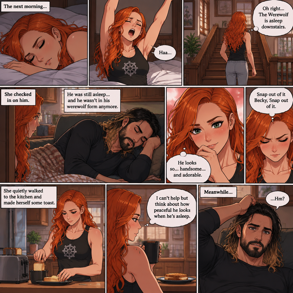 (Part 3 of the werewolf x human story) The next morning,Becky Lynch was asleep in her bed. Then she woke up. She got up and stretched her arms. She walked downstairs…then she remembered that the Werewolf (Seth Rollins) was asleep downstairs. She checked in on him. He was still asleep…and he wasn’t in his werewolf form anymore. She couldn’t help but look at him…and blush. “He looks so…handsome…and adorable” Becky said to herself. Then she shook her head. “Snap out of it Becky,Snap out of it” Becky said to herself. She quietly walked to the kitchen and made herself some toast. She couldn’t help but think about how peaceful he looked when he’s asleep. Meanwhile,The man woke up