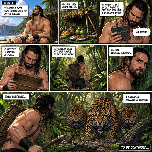 (Recap) Seth Rollins was on a cruise,then one night Thunder came,Seth got up from bed,The ship was rocking against the waves,Seth fell overboard,He swam as best he could,A wave crashed down on him,Everything went black,A few hours later,Seth woke up on shore,He was on an island,He has to figure out how to survive on the island. (And now part 2). It’s been 8 days since he ended up on the island. He has food and shelter. He tried to use an old radio to call for help but it wouldn’t work. He noticed he ran out of food,So he went back into the jungle to get some more. He was looking around,Then suddenly….A group of jaguars appeared!