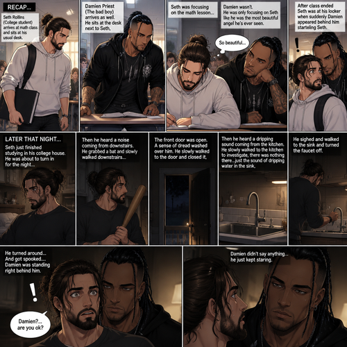 (Recap) Seth Rollins (College student) Arrives at math class and sits at his usual desk,Damien Priest (The bad boy) arrives as well,He sits on the desk next to Seth,Seth was focusing on the math lesson…Damien wasn’t,He was only focusing on Seth like he was the most beautiful angel he’s ever seen,”So beautiful” Damien thought in his mind,After class ended Seth was at his locker when suddenly Damien appeared behind him startling Seth. (And now part 2). It was late at night,Seth just finished studying in his college house. He was about to turn in for the night….Then he heard a noise coming from downstairs. He grabbed a bat and slowly walked downstairs…the front door was open. A sense of dread washed over him. The slowly walked to the door and closed it,Then he heard a dripping sound coming from the kitchen. He slowly walked to the kitchen to investigate,there was nothing there…just the sound of dripping water in the sink,He sighed and walked to the sink and turned the faucet off. He turned around….And got spooked….Damien was standing right behind him. Damien was staring right at Seth with a blank expression on his face. “Damien?…are you ok?” Seth asked. Damien didn’t say anything…he just kept staring