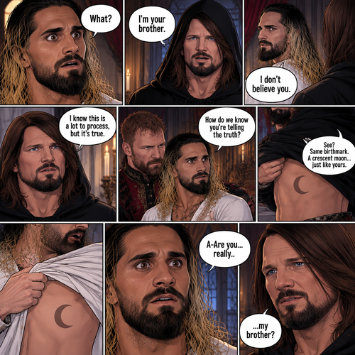 (Recap) Seth Rollins (The vampire hunter turned Bride of the vampire king) was looking at himself in the mirror reeling in the fact that he’s getting married to the vampire king next week,his heart knows that,Then he saw a mysterious figure (Aj Styles) who was standing right behind him in the reflection,Jon Moxley (The vampire king) was handling the wedding preparations,then he heard a loud crash and Seth yelling “LET ME GO!!!” In the bedroom,he used his vampire speed to rush to the bedroom,The mysterious figure tries to drag Seth out the window,Seth struggles,Jon arrives just in time and attacks the mysterious figure,after that he rushes to Seth to see if he’s ok,the mysterious figure slowly gets up,Jon is about to attack,Then the mysterious figure spoke “Wait!”,”Seth…please listen to me,Seth was confused by how the man knew his name,The mysterious figure takes off his hood and drops a bombshell “My name is Aj…I’m your brother Seth,Jon and Seth were shocked by what he said. (And now part 7). Seth was stunned. “What?” Seth asked. “I’m your brother” said Aj. Seth shook his head a little. “I don’t believe you” Said Seth. “I know this is a lot to process,but it’s true” said Aj. Jon gently pulled Seth to his side. “How do we know you’re telling the truth?” Jon asked cautiously. Aj shows his birthmark,It’s the shape of a crescent moon…just like Seth’s. Seth was stunned,All this time….he thought he was the only one with that birthmark. “A-Are you…really..my brother?” Seth asked