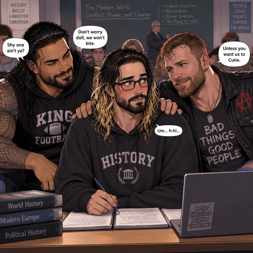 Seth Rollins is a college student. He spends his Seth Rollins is a college student. He spends his days studying,He never went to college parties. Not because he chose to focus on studying….it’s because…he doesn’t know how to connect with people…and…he’s very insecure about himself. It’s been that way since he was a kid. He thought it was going to stay that way forever….little did he know….that…is about to change. One day he was at a history class,Then two late students arrived. Roman Reigns (The college football player) and Jon Moxley (The bad boy on campus). They were the most popular students on campus and they were known as a power couple. Seth thought about approaching them at one point….But his insecurity got the best of him. “Why would they ever want to be around someone who’s as ugly as I am?” Seth thought to himself. He focused on the history lesson. He thought they would never notice him anyway….but they did…They always have…he just didn’t know it yet. There were two empty desks at each side of Seth,So Roman and Jon sat at those empty desks. Seth noticed and was surprised. “Hey there” Jon said. Seth was nervous. “Um…h-hi” Seth said nervously. “Shy one ain’t ya” Said Roman. Seth was indeed shy. Roman Gently placed his hand on Seth’s shoulder. “Don’t worry doll,we won’t bite” Said Roman. Jon gently placed his hand on Seth’s other shoulder. “Unless you want us to Cutie” Said Jon. Seth blushed