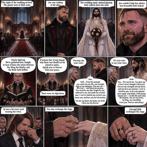 (Recap) Seth Rollins (The vampire hunter turned Bride of the Vampire king) Reunited with his long lost brother Aj Styles,Time skip to 3 days before the wedding,Seth and Jon Moxley (Vampire King) were still preparing,Aj helped out,The night before Aj had told Jon and Seth that he’s a werewolf,Seth and Jon were shocked but were happy that Aj was being honest with them,Seth was on the balcony Looking at the view and Looking nervous about the wedding,Jon appeared behind him checking in on him,“Can’t sleep?” Jon asked,“No” Said Seth,Jon wrapped his arms around him,“What’s on your mind?” Jon asked,”I’m just very nervous about our wedding,Don’t get me wrong I want to marry you…It’s just….what if I mess up? What if people don’t like me?…what if…..I’m not enough….for you?” Said Seth,”Look at me my love” Jon said softly,Seth looked up at him,”You’re not gonna mess up,I’ll be right with you,If people don’t like you they’ll have to deal with me,You ARE enough for me,You’re the only one I want,The ONLY one i love,You’re mine..and I’m yours,For eternity” Jon said softly,Seth’s heart fluttered,Jon kissed him softly,”I love you” Jon said Softly,”I love you too” Seth said softly,They kissed again. (And now part 9) The night of the wedding arrived,The guests were at their seats. Jon was waiting at the altar. The wedding music started playing. Seth walked down the aisle. Jon couldn’t help but admire how beautiful Seth looked. Seth got to the altar. “Dearly beloved,We’re gathered here Tonight to bear witness the union between Our King Jon Moxley and his Bride Seth Rollins” Said the officiant. “If anyone has of any reason why these two should not be joined in union,Speak now or forever hold your peace” The officiant continued. There were no objections. The officiant looked at Jon and said “You may say your vows”. Jon says his vows. Afterwards The officiant looked at Seth and said “It’s your turn to say your vows”. Seth says his vows. Aj was a bit teary eyed hearing the vows. “You may exchange the rings” said the officiant. Jon and Seth exchanged the rings