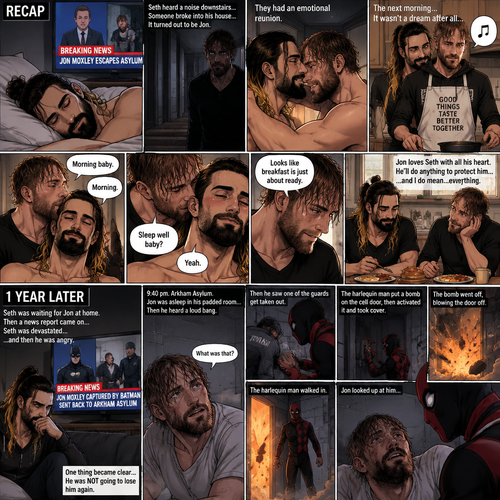 (Recap). Seth Rollins was asleep in his bed after finding out Jon Moxley A.K.A the joker had escaped the asylum on a news report,Then he heard a noise downstairs,Someone broke into his house,It turned out to be Jon,They had an emotional reunion,The next morning,Seth slowly woke up on his bed,He looked at his surroundings,Jon wasn’t there,He believed it was a dream,He sighed,then he smelled something,He got up and followed the smell to the kitchen,Then he sees Jon making breakfast while humming a tune,Seth smiled,It wasn’t a dream after all,Jon eventually noticed Seth,He smiled softly,“Morning baby” Said Jon,”Morning” Said Seth,Jon motioned for Seth to come closer,Seth came closer to Jon.Jon wrapped his arm around Seth’s waist,then he kissed Seth’s forehead,Seth hummed softly,”Sleep well baby?” Jon asked softly,”Yeah” Seth said softly,Jon kissed Seth’s neck,Seth’s heart fluttered,Jon gently placed his hand on Seth’s chest to feel his heartbeat,Seth blushed,Jon chuckled softly,Jon looked at the food,”Looks like breakfast is just about ready” Said Jon,Seth sat at the table and Jon put the breakfast on the table,They ate the food,Jon stared lovingly at Seth while he ate,He loves Seth with all his heart,He’ll do anything to protect him….and I do mean…everything. (And now part 4). 1 year later,Seth was waiting for Jon at home. Then a news report came on saying that Jon was captured by Batman and was sent back to the asylum. Seth was devastated…and then he was angry. One thing became clear…He was NOT going to lose him again. 9:40 pm,Jon was asleep in his padded room in the asylum…then he heard a loud Bang. He jolted awake. “What was that?” Jon asked himself,Then he saw one of the guards get taken out. There was a man in a red and black Harlequin costume,He was wearing a mask. Jon was confused. The Harlequin man put a bomb on the cell door,then activated it and took cover. Jon took cover as well. The bomb went off,blowing the door off. The harlequin man walked in. Jon looked up at him