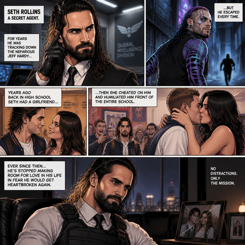 Seth Rollins is a secret agent,For years he was tracking down the nefarious Jeff Hardy…But he escaped every time.Years ago back in high school Seth had a girlfriend…then she cheated on him and humiliated him front of the entire school,Ever since then he’s stopped making room for love in his life In fear he would get heartbroken again