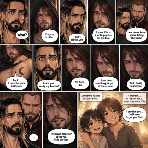 (Recap) Seth Rollins (The vampire hunter turned Bride of the vampire king) was looking at himself in the mirror reeling in the fact that he’s getting married to the vampire king next week,his heart knows that,Then he saw a mysterious figure (Aj Styles) who was standing right behind him in the reflection,Jon Moxley (The vampire king) was handling the wedding preparations,then he heard a loud crash and Seth yelling “LET ME GO!!!” In the bedroom,he used his vampire speed to rush to the bedroom,The mysterious figure tries to drag Seth out the window,Seth struggles,Jon arrives just in time and attacks the mysterious figure,after that he rushes to Seth to see if he’s ok,the mysterious figure slowly gets up,Jon is about to attack,Then the mysterious figure spoke “Wait!”,”Seth…please listen to me,Seth was confused by how the man knew his name,The mysterious figure takes off his hood and drops a bombshell “My name is Aj…I’m your brother Seth,Jon and Seth were shocked by what he said. (And now part 7). Seth was stunned. “What?” Seth asked. “I’m your brother” said Aj. Seth shook his head a little. “I don’t believe you” Said Seth. “I know this is a lot to process,but it’s true” said Aj. Jon gently pulled Seth to his side. “How do we know you’re telling the truth?” Jon asked cautiously. Aj shows his birthmark,It’s the shape of a crescent moon…just like Seth’s. Seth was stunned,All this time….he thought he was the only one with that birthmark. “A-Are you…really..my brother?” Seth asked. “Yes Seth…I am” said Aj. “I have been searching for you…all these years” Aj paused,Tears welling up in his eyes. “And I finally found you” Aj continued. Seth didn’t know what to say,Neither did Jon. “I’ve never forgotten about you,little brother” Said Aj. Something flashed in Seth’s mind…it was a memory….of himself and Aj when they were little. Aj (as a kid) had promised Seth he would never forget him