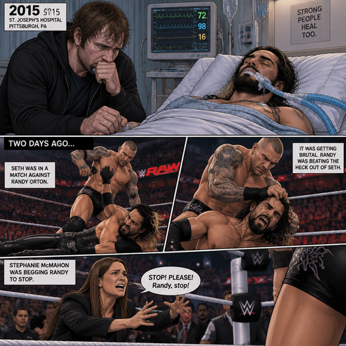 It’s the year 2015,We’re in a hospital. Seth Rollins was lying in a hospital bed unconscious. Dean Ambrose was sitting by his side and holding his hand. (What happened to Seth you ask? Well…let’s rewind to two days ago). Seth was in a match against Randy Orton. It was getting brutal. Randy was beating the heck out of Seth. Stephanie McMahon was begging Randy to stop