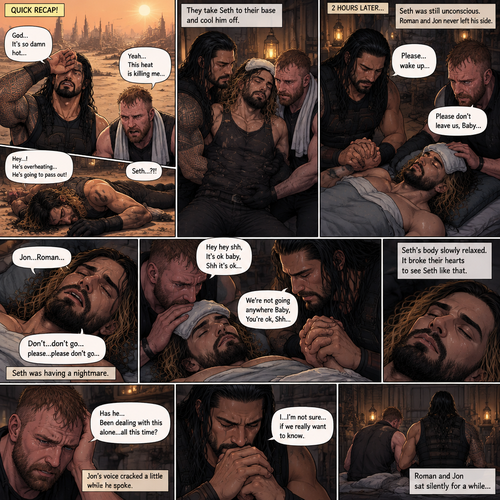 (Quick recap!) Roman reigns and Jon Moxley are in a post apocalypse,They complained about the heat,They see a man passing out because he got over heated,Turned out to be Seth Rollins (The love of their lives btw),They take him to their base and cool them off. (Now onto part 2!).2 hours have passed,Seth was still unconscious,Roman and Jon never left his side.Roman Gently held Seth’s hand. “Please…wake up” Roman pleaded softly.Jon gently stroked Seth’s head.”Please don’t leave us,Baby” Jon pleaded softly.Then….They heard Seth subconsciously speaking their names “Jon…Roman”. “Don’t…don’t go…please…please don’t go” Seth Said in his subconscious.He was having a nightmare. “Hey hey shh,It’s ok baby,Shh it’s ok” Jon said softly. “We’re not going anywhere Baby,You’re ok,Shh” Roman said softly. Seth’s body slowly relaxed.It broke their hearts to see Seth like that.Jon’s voice cracked a little while he spoke. “Has he…Been dealing with this alone…all this time?” Asked Jon.Roman couldn’t even bear the thought of it. “I…I’m not sure…if we really want to know” said Roman. Roman and Jon sat silently for a while