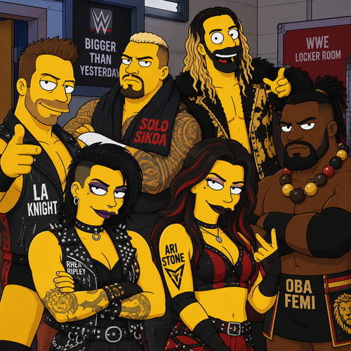 LA Knight,Solo Sikoa,Seth Rollins,Oba Femi,Rhea Ripley and Ari Stone (My wrestler oc) in The Simpsons