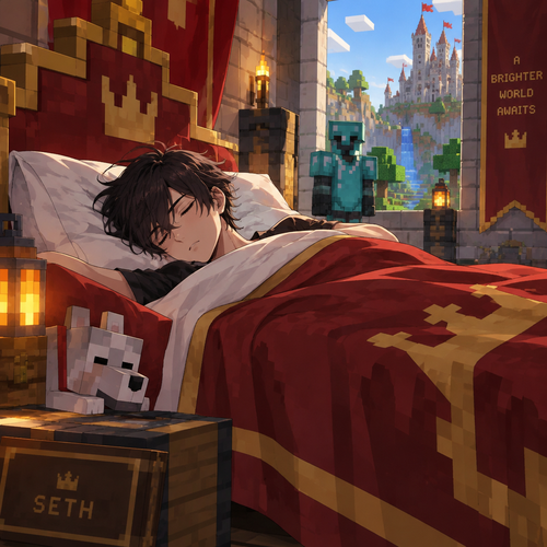 (Part 3) we’re now in the world of Minecraft. Seth was asleep in some sort of royal bed