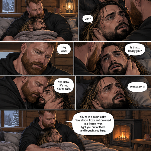 (The monster apocalypse/Moxollins story part 3). The next morning,Seth Rollins was Still unconscious on the bed in the cabin with the blanket wrapped around him to keep him warm. Jon Moxley had been watching over him Still holding him in his arms. Then Seth slowly regained consciousness,The first thing he sees is Jon looking down at him,Then he spoke softly “Jon?”. “Hey baby” Jon said softly. “Is that…Really you?” Seth asked softly. Jon gently stroked Seth’s cheek. “Yes Baby,It’s me,You’re safe” Jon said softly. “Where am I?” Seth asked softly. “You’re in a cabin Baby,You almost froze and drowned in a frozen river,I got you out of there and brought you here” Jon said Softly
