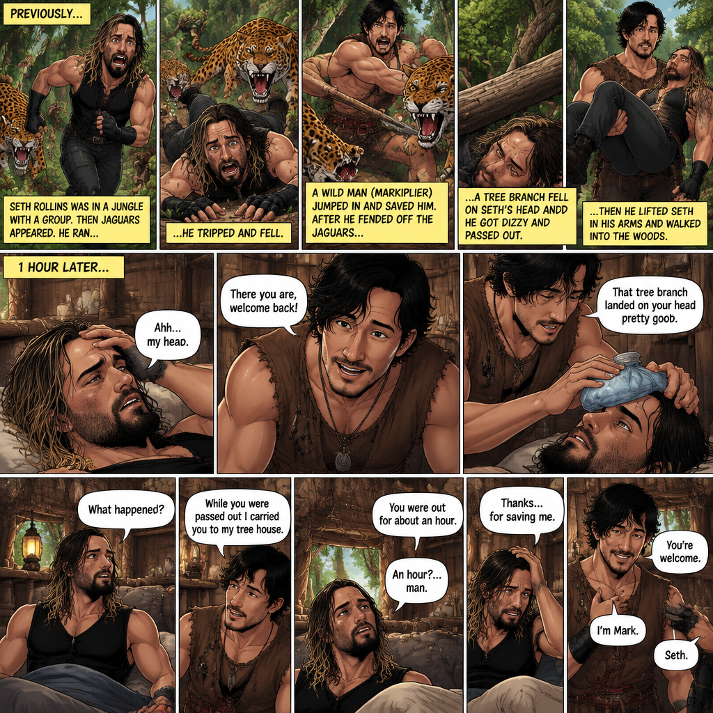 (Recap!) Seth Rollins was in a jungle with a group,Then jaguars appeared,he ran,he tripped and fell. A wild man (Markiplier) jumped in and saved him,A tree branch fell on Seth’s head and he got dizzy and passed out. After the wild man fended off the jaguars he lifted Seth in his arms and walked in the woods. (All caught up? Good! Now onto part 2!). 1 hour had passed,Seth slowly regained consciousness. The wild man was looking down at Him. “There you are,welcome back!” Said the wild man. Seth Groaned and put his hand on his head. “Ahh,my head” said Seth. “That tree branch landed on your head pretty good” said the wild man. He gently puts ice on Seth’s head. “What happened?” Asked Seth. “While you were passed out I carried you to my tree house” said the wild man. Seth looked at his surroundings,he was indeed in the wild man’s treehouse. “You were out for about an hour” said the wild man. “An hour?….man” said Seth. Seth slowly sat up. “Thanks….for saving me” said Seth. The wild man smiled softly. “You’re welcome” said the wild man. “I’m mark” said mark. “Seth” said Seth