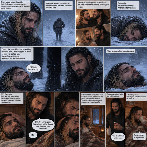 There was a blizzard outside,Seth Rollins was in the middle of it,He had just escaped a horde of zombies hours before.He was shaking because of the cold.He walked around in the blizzard completely lost.His tears streamed down his face.He started having flashbacks about the time before the Zombie Apocalypse began.Eventually….He stopped walking…And fell onto the snow,Then….he heard footsteps walking towards him…and stopped in front of him.He looked up…It was Roman Reigns.He thinks it’s a hallucination. “Roman…I’m so sorry” Seth said to the “Hallucination”,Then he slowly lost consciousness. ???? Days later,Seth was still unconscious,He felt a hand gently stroke his head,He slowly regained consciousness,The first thing he saw when he woke up…was Roman looking at him and Gently stroking his head.He tried to speak “Ro-“. “Shh,Try not to speak,You’ve been out for 5 days,Just focus on your health ok?” Roman said Softly.Seth gave a small nod.Roman smiled softly and gently kissed his forehead.Roman went to the bathroom to get Seth some cold medicine.Seth looked at his surroundings while he waited,He noticed this place is some sort of cabin,Then he noticed he was gently wrapped in a warm blanket.Roman came back with the cold medicine.Seth slowly sat up.Roman Gave Seth the medicine,He drank it. “You should feel better soon” Roman said softly. Seth nodded in agreement
