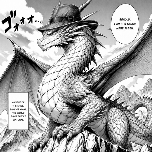 Black-and-white manga panel featuring a winged dragon with speech bubbles