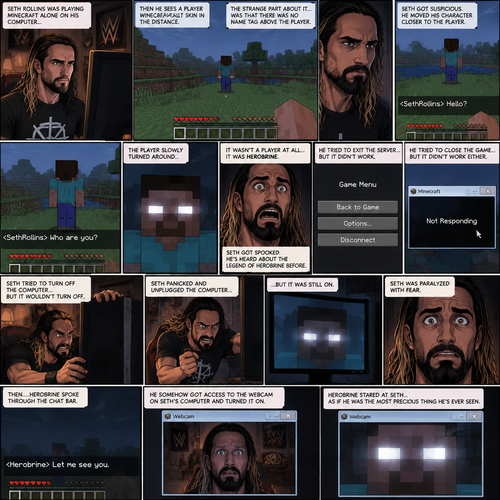 Seth Rollins was playing Minecraft alone on his computer,then he sees a player with a default skin in the distance,His back was facing Seth. The strange part about it…was that there was no name tag above the player. Seth got suspicious,He moved his character closer to the player. He typed in the chat bar “Hello?”. The player didn’t respond. Seth typed in the chat bar again “Who are you?”. The player slowly turned around….It wasn’t a player at all….it was Herobrine. Seth got spooked,He’s heard about the legend of Herobrine before. He tried to exit the server….but it didn’t work,He tried to close the game…but it didn’t work either. Herobrine kept staring at Seth. Seth tried to turn off the computer…But it wouldn’t turn off. Herobrine walked slowly to the screen. Seth panicked and unplugged the computer….but it was still on. Seth was paralyzed with fear. Then….Herobrine spoke through the chat bar “Let me see you”. He somehow got access to the webcam on Seth’s computer and turned it on. Herobrine stared at Seth…as if he was the most precious thing he’s ever seen.
