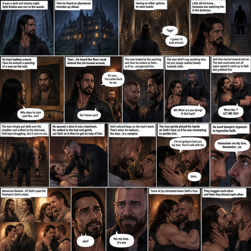 It was a dark and stormy night.Seth Rollins was lost in the woods,Then he found an abandoned mansion up ahead.Having no other options he went inside.He sighed heavily.He decided to look around,Little did he know…Someone was watching him in the darkness.He kept looking around,Then he noticed a painting of a man on the wall,He couldn’t help but notice…that the man in the painting…looked just like…him. “Why does he look just like…me?” Seth asked himself.Then…He heard the floor creak behind him,He turned around,A man (Jon Moxley) was standing right there.The man Looked at the painting and then he looked at Seth…..as if he….recognized him. “It’s you…You came back to me” The man said softly to Seth.Seth was confused. “Do I know you?” Seth asked.The man didn’t say anything else,He just simply walked slowly towards Seth.Seth got nervous and walked backwards slowly. “Wh-What are you doing?” Asked Seth. “G-Get back!” Said Seth.He then turned around and ran.The man then used some sort of super speed to catch up to Seth and grabbed him. “What the-?” Asked Seth. He struggled. “LET ME GO!!” Seth shouted.The man simply put Seth over his shoulder and walked to the staircase,Seth kept struggling…but it was no use.The man walked down the hallway,He opened a door,It was a bedroom,He walked to the bed and gently put Seth on it,then he got on top of him.The man Smiled,Seth noticed fangs on his teeth,That’s when he realized…the man…is a vampire,He got scared and started to struggle again.The man gently placed his hands on Seth’s face as if he was attempting to soothe him.He softly shushed him. “I’m not going to hurt you my love,You’re safe with me” The man said softly.He looked deeply into Seth’s eyes,He used Vampiric hypnosis to hypnotize Seth.Seth slowly relaxed under the hypnosis. “Remember me My love,Remember…us” The man whispered,Then memories flashed….Of Seth’s past life flashed in Seth’s mind.Seth had a bewildered look on his face. “Jon?” Asked Seth. “Yes my love…It’s me” said Jon.Then Tears of joy streamed down Seth’s face.They hugged each other and then they kissed each other