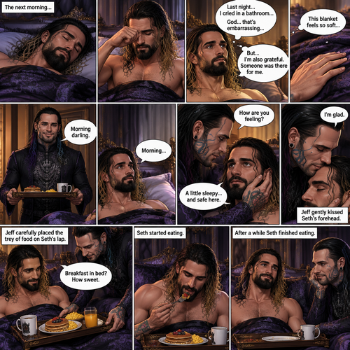 (Recap) Jeff Hardy (The dark angel king) was comforting Seth Rollins in the men’s bathroom of a fancy restaurant after Seth had a panic attack after flashbacks about his childhood and his abusive father,Jeff gently pulled Seth into his embrace,He gently rubbed Seth’s back to try to soothe him while Seth was coughing and crying,After about a minute Seth slowly stopped crying and his body relaxed in Seth’s arms,Jeff was relieved,Jeff slowly picked Seth up in his arms,he walked out of the restaurant,spread his wings and took flight,Seth held on tight. (And now part 3). The next morning,Seth was asleep in Jeff’s royal bedroom,After awhile he  woke up. He slowly sat up,then he rubbed his eyes. He looked at his surroundings,Then memories of last night flashed in his mind. He was a bit embarrassed that he cried in the bathroom…but on the other hand he was grateful that someone was there for him. The blanket on him feels so soft,Then the door opened,Jeff walked in with a trey of food in his hands. “Morning darling” said Jeff. “Morning” Seth said in a sleepy voice. Jeff put the trey of food on the nightstand,then he   Gently caressed Seth’s cheek. “How are you feeling?” Jeff asked softly. “A little sleepy…and safe here” Seth said. Jeff smiled softly. “I’m glad” said Jeff. He gently kissed Seth’s forehead,Then he carefully picked up the trey of food and carefully placed it on Seth’s lap. “Breakfast in bed?,how sweet” Said Seth. Seth started eating. Jeff watched. After a while Seth finished eating