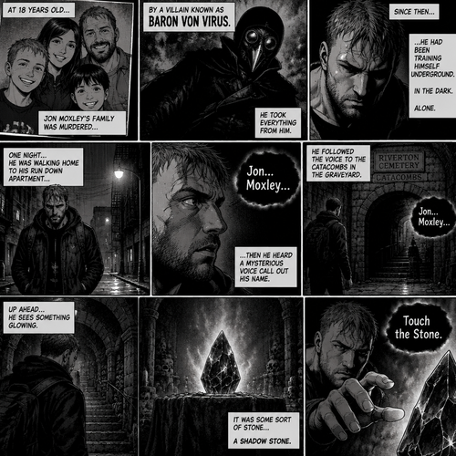 Jon Moxley as a vigilante born from tragedy. When he was 18 years old his family was murdered by a villain known as Baron Von Virus. Since then he had been training himself underground. One night he was walking home to his run down apartment…then he heard a mysterious voice call out his name. “Hello?…Is someone there?” Jon asked. It called out his name again. He followed the voice to the catacombs in the graveyard. Up ahead…He sees something glowing. It was some sort of stone…a shadow stone. Then the voice repeats “Touch the Stone”