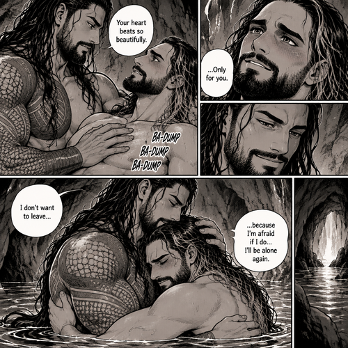 Part 3 of the siren x human story.Still in the cave. The siren (Roman Reigns) Had his hand on Seth Rollins’s chest feeling how loudly his heart was beating. “Your heart beats so beautifully” the siren said softly. Seth blushed. “…Only for you” Seth said softly. The siren smiles at him. Seth leaned into the siren’s embrace. “I don’t want to leave…because I’m afraid if I do…I’ll be alone again” Seth said softly